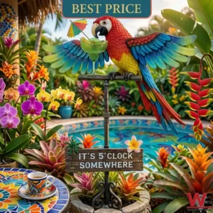 A vibrant parrot garden statue holding a cocktail next to a tropical pool and colorful flowers.
