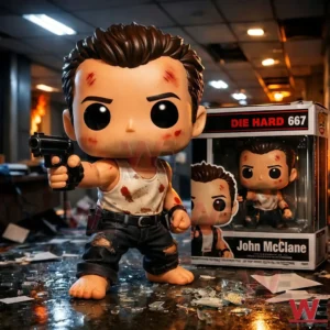 John McClane vinyl style figure holding a pistol next to the character box!
