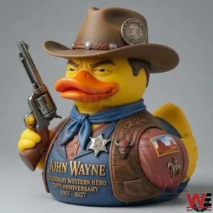 Yellow western sheriff duck collectible with cowboy hat and revolver!