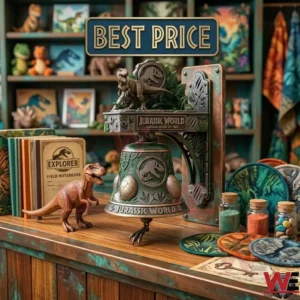 A decorative Jurassic World bell with a T Rex figure on top sitting on a wooden desk surrounded by explorer gear!