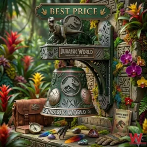 A dinosaur themed bell mounted on a mossy stone wall in a lush tropical jungle setting with explorer tools!
