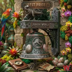 A green and bronze Jurassic World bell shown with dinosaur eggs a compass and a journal in a jungle environment!