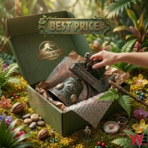 A person unboxing a Jurassic World themed decorative bell from a green box in a mossy forest setting!