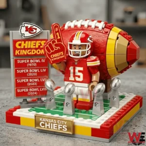Kansas City Chiefs brick display with player number 15 four trophies a Chiefs Kingdom sign and a large football build!