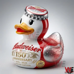 Budweiser one hundred fiftieth anniversary rubber duck with bottle cap hat on a plain background!