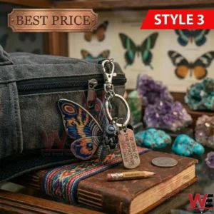 A colorful Mothra keychain attached to a grey bag! A tag says QUEEN OF THE MONSTERS! There are crystals and a leather book in the background!