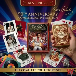 Elvis Presley themed playing cards and collector box with gold accents on a colorful background!