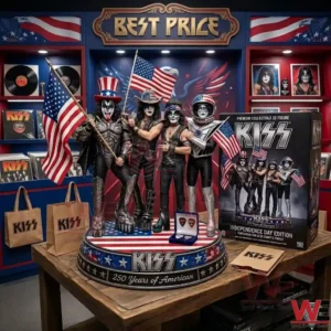 Patriotic KISS band member figurines on a commemorative base.