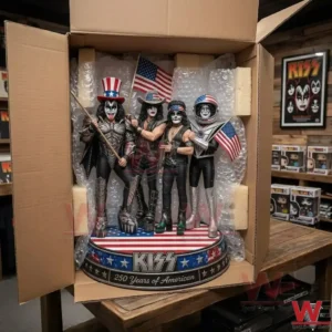 Kiss Band 250th American Figure 3 KISS figurines set protected by foam and bubble wrap in a box.