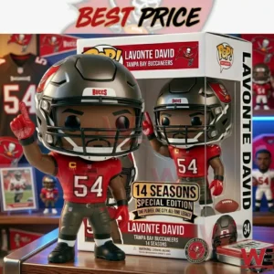 A sports themed collectible figure of a football player in a red jersey and helmet next to its retail box!