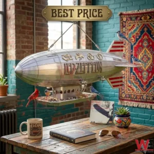 A creative bird feeder shaped like a silver zeppelin with rock band logos!