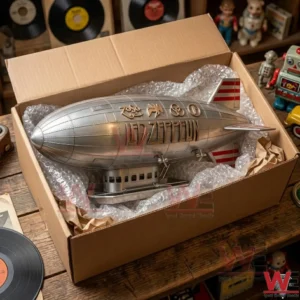 Led Zeppelin Blimp Garden Bird Feeder 3 A metallic zeppelin model being unpacked from a shipping box among vintage collectibles!