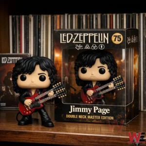 Vinyl style guitarist figure with double neck guitar next to a themed display box!