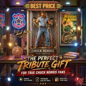 A close up promotional image of a detailed Chuck Norris action figure in a illuminated display case with Walker Texas Ranger branding and film posters!