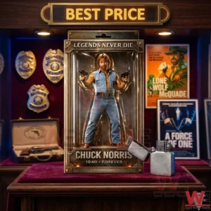 Legend Never Dies, RIP Chuck Figurine 5 A detailed view of the packaged Chuck Norris action figure on a velvet display stand surrounded by police badges and movie posters!