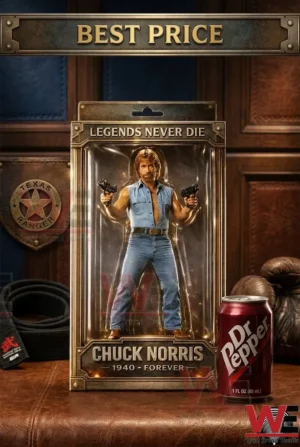 Legend Never Dies, RIP Chuck Figurine 6 A photograph of the packaged Chuck Norris figure on leather next to a Texas Ranger badge a black martial arts belt and a can of Dr Pepper!