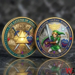 Two Zelda themed collector coins showing a 40th anniversary Triforce design and Link holding a sword!