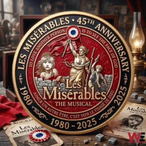 Les Miserables anniversary coin with red and gold design on a display table!