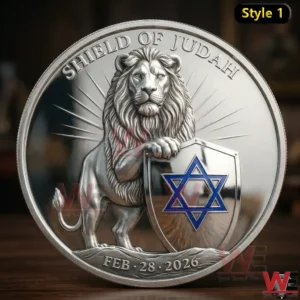 Silver coin with Lion of Judah holding a shield with a blue star!