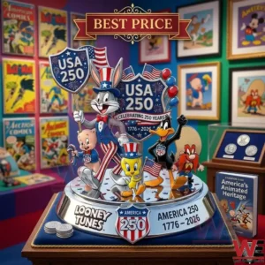 Looney Tunes characters in patriotic outfits standing on a silver anniversary base! The scene includes comic books and coins in a museum like setting!