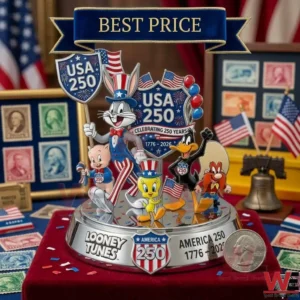 Bugs Bunny and friends celebrating two hundred and fifty years of America on a silver base! The display includes a quarter coin stamps and the Liberty Bell!