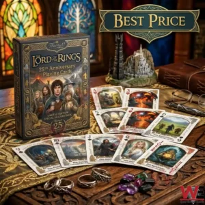 The Lord of the Rings 25th Anniversary playing cards and collector items on a wooden desk!