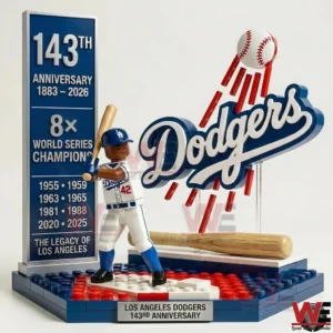 Los Angeles Dodgers building block display with batter figure Dodgers logo sign baseball effect bat and anniversary panel!