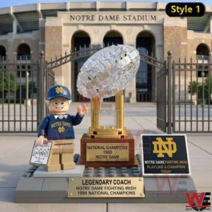 Brick built coach figure beside a championship trophy in front of Notre Dame Stadium!