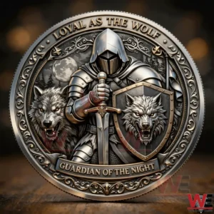 Silver coin with armored knight holding sword and wolf shield beside two wolves under a moon!