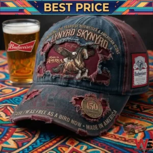 Distressed Lynyrd Skynyrd baseball cap next to a glass of Budweiser beer!