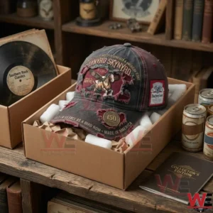 A Lynyrd Skynyrd tribute cap inside a shipping box on a wooden shelf!