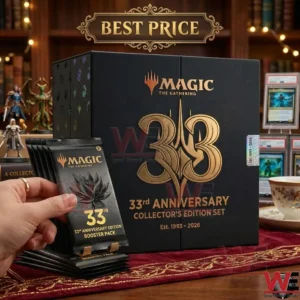 A large black box with a gold 33rd Anniversary logo for Magic The Gathering! A hand holds a matching booster pack with a lotus design! The box is on a red velvet cloth! Background elements include fantasy figures and graded cards!