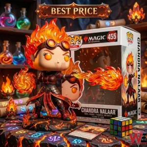 Collector figure of a fantasy fire mage with flame details and its product box displayed with magical artifacts!