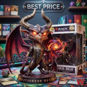 A close-up photograph looking down into an open cardboard box that holds a detailed vinyl figure of the dragon Nicol Bolas from Magic the Gathering, which is surrounded by protective bubble wrap and brown paper. The figure has glowing orange eyes, holds an energy orb, and its runic base is visible. Two trading cards and a die are on the wooden surface outside the box.
