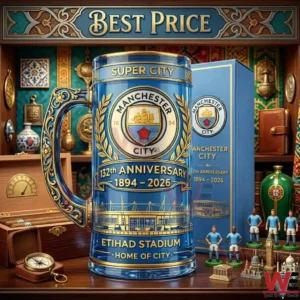 A premium blue Manchester City anniversary glass mug with gold details sitting among collectibles.
