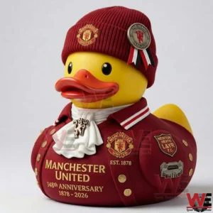 Yellow rubber duck in red Manchester United anniversary outfit and beanie!