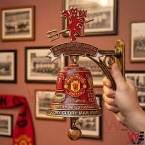 Hand holding a Manchester United wall hanging bell with the Red Devils crest and Old Trafford text!