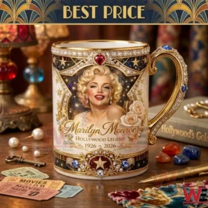 Marilyn Monroe Centennial Hollywood Legend Porcelain Mug 3 Luxury porcelain mug with a portrait of Marilyn Monroe decorated with sparkling jewels and gold filigree on a wooden tabletop!