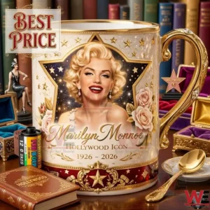 Commemorative Marilyn Monroe mug with gold accents and a star shaped portrait display on a desk with classic movie props!