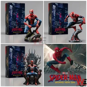 A collection of four photos showing a Spider-Man action figure in different poses and situations, with a focus on its detailed design and accompanying product packaging.