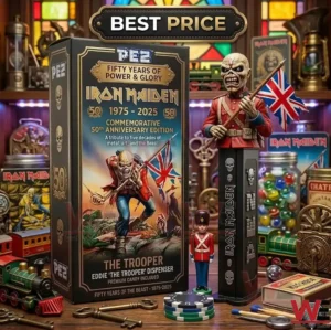 Iron Maiden Eddie The Trooper PEZ figure and anniversary collector box on a table!
