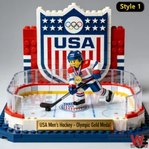 Brick built USA hockey player with gold medal on a mini rink in front of a USA crest!