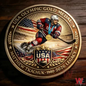 USA Olympic gold medal themed coin with a hockey player and American flag design!