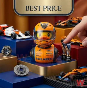 A photograph of a McLaren rubber duck and various F1 models on colored display stands.