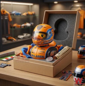 A photograph of a McLaren rubber duck inside its open collectible gift box with other memorabilia.