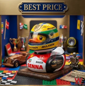 A photograph of an Ayrton Senna tribute rubber duck in a rich museum like display case.