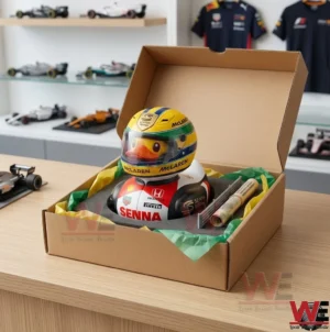 A photograph of the Senna rubber duck inside an open collectible box with other accessories.