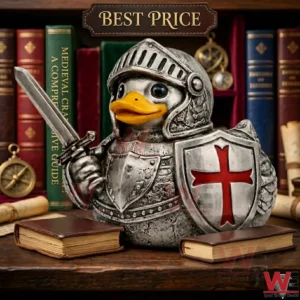 A silver armored knight duck figurine with a sword and shield sitting on a wooden table in front of a bookshelf!