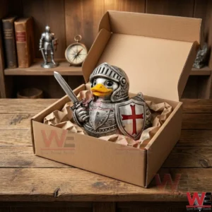 Medieval Knight Rubber Duck 3 An open cardboard box containing a silver knight duck figurine on a wooden surface!