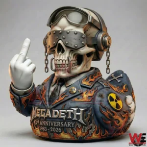 Skull themed Megadeth anniversary collectible with flames and raised hand gesture!